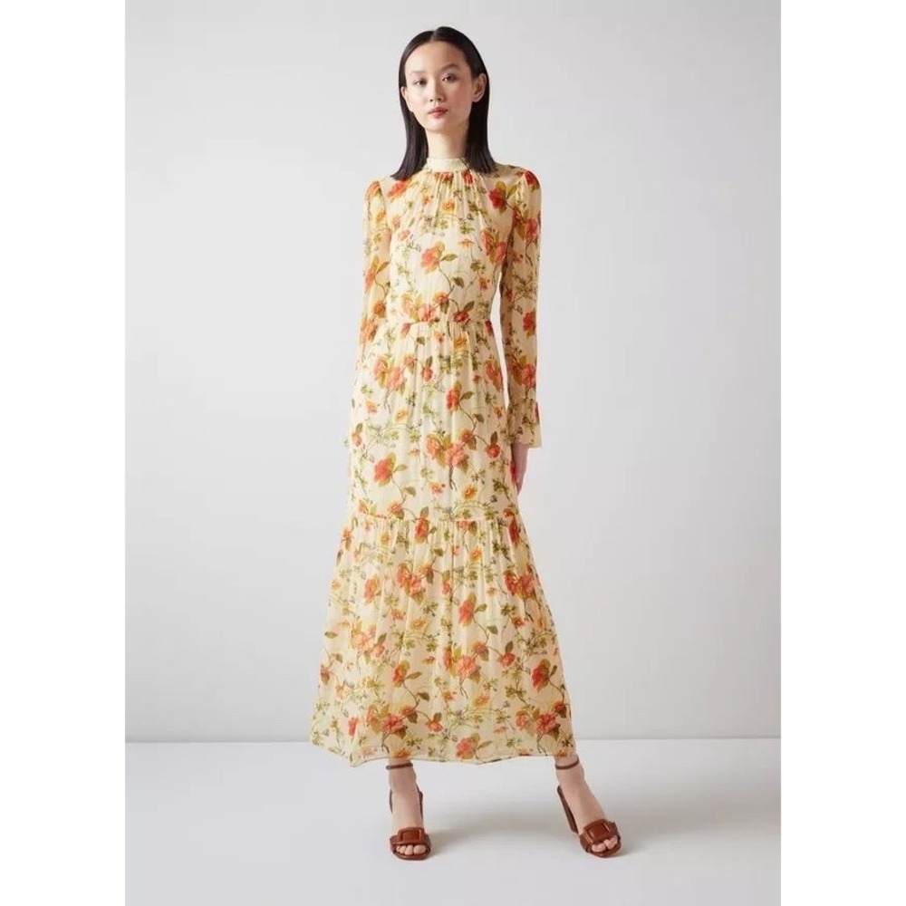 LK Bennett Swinton‎ Cream and Red Chine Floral Print Silk Dress Size 10 Summer